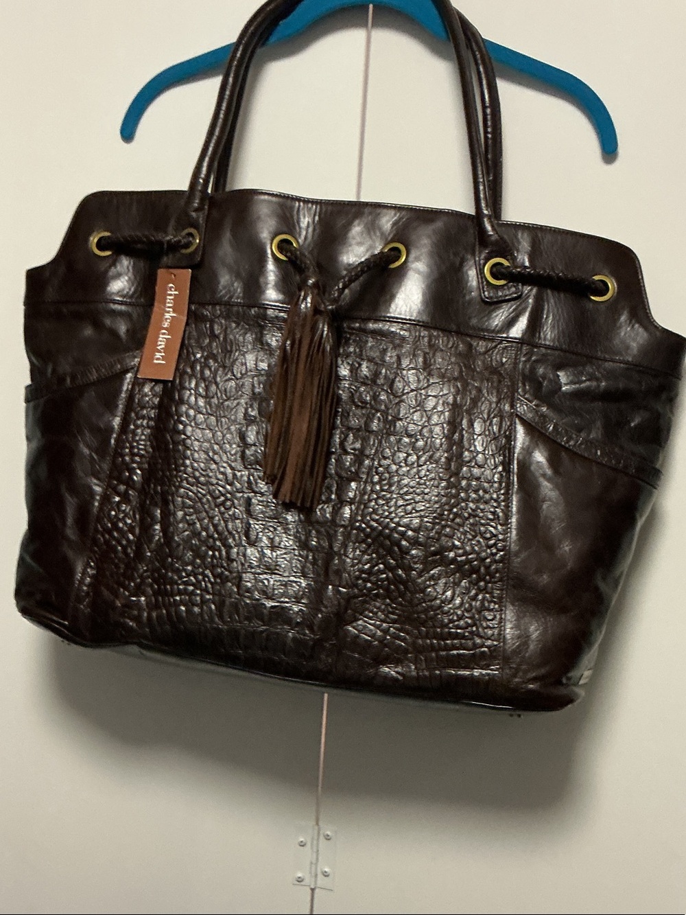 Charles David Chocolate Brown Textured Leather Tote with Tassel